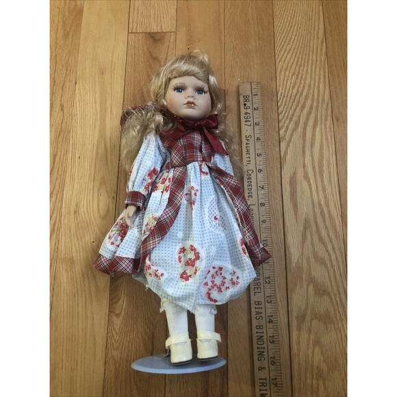 Vintage Valentine Dress Porcelain Doll 16 inch Excellent Condition with stand